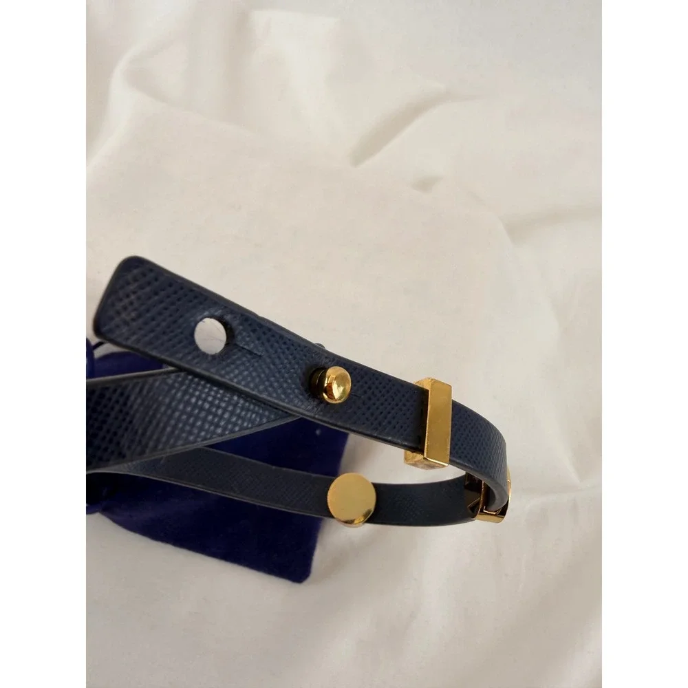Tory Burch Reva Navy Saffiano Leather‎ Gold Logo Double Wrap Bracelet